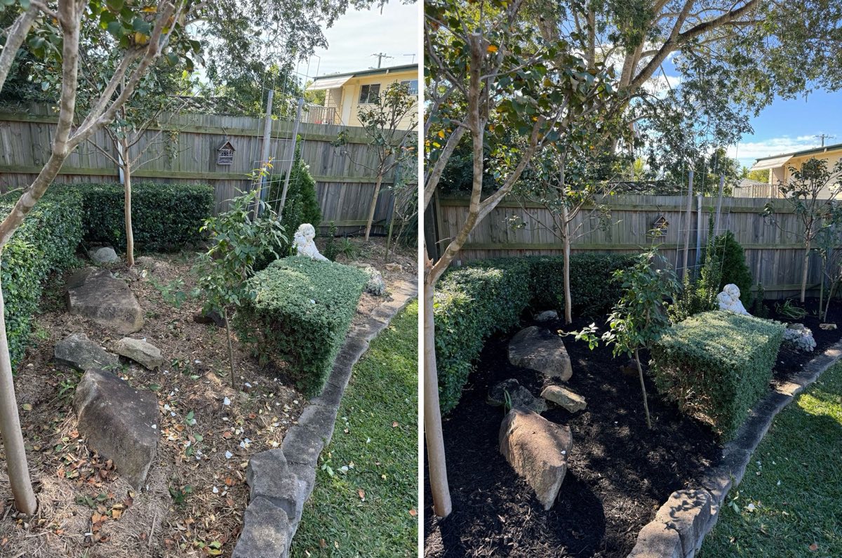 Ornamental garden bed mulched with carbon black cypress mulch in Slacks Creek